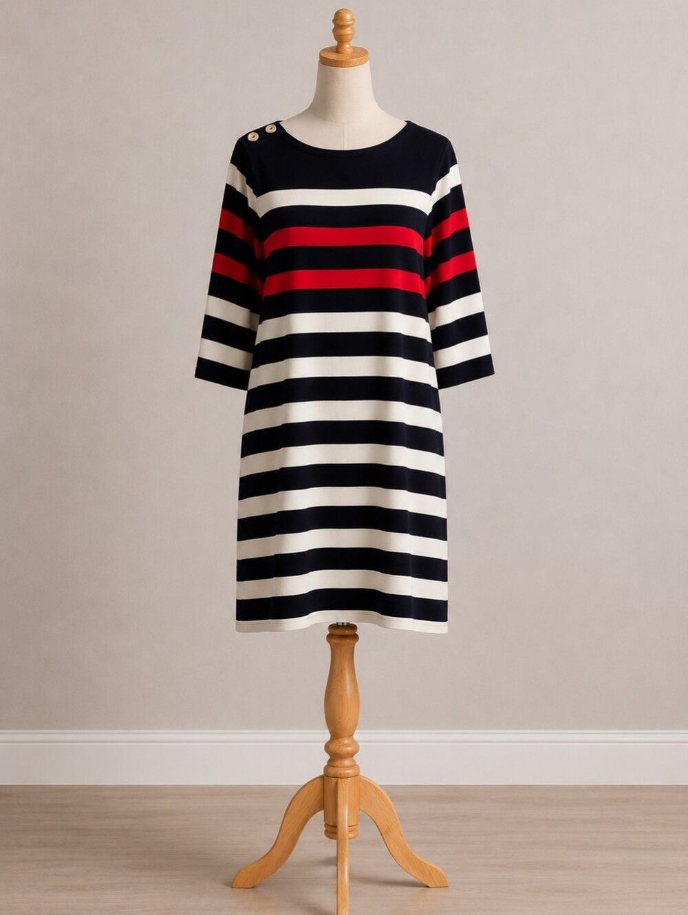 LandsâEnd Cotton Knit Shift Dress 3/4 Sleeve Striped Navy Red White Size L